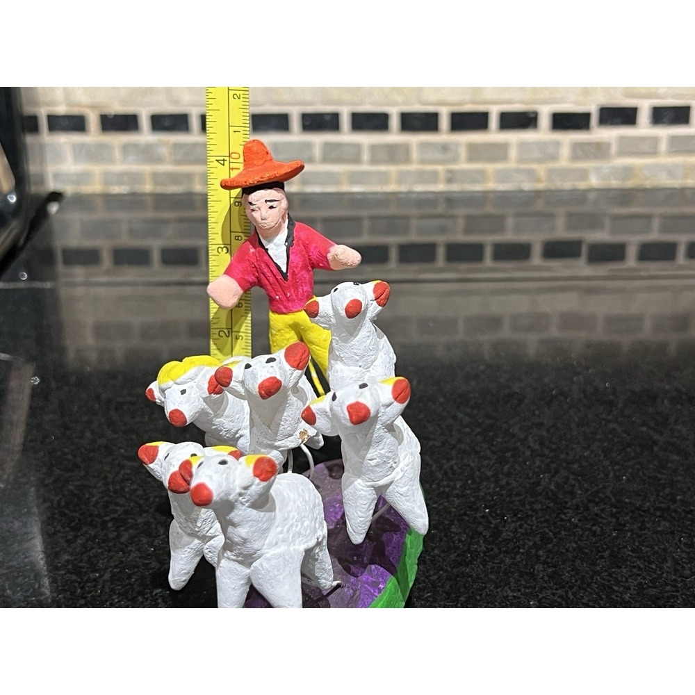 Vintage Mexican Folk Art Man Herding Sheep Clay Wire Herder Farmer Lambs - Picture 9 of 9